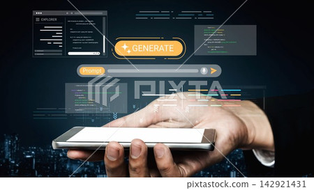 Hand holding smartphone with digital interface showing code generation, prompts, and technology concepts in a futuristic dark setting Gluon Hand holding smartphone with digital interface showing code generation, prompts, and technology concepts in a futuristic dark setting Gluon 142921431