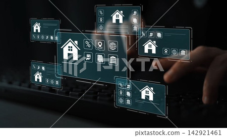 Digital Real Estate Concepts with Virtual Icons Representing Home Listings, Financial Data, and Analytics in a Futuristic Technology Environment Gluon Digital Real Estate Concepts with Virtual Icons Representing Home Listings, Financial Data, and Analytics in a Futuristic Technology Environment Gluon 142921461