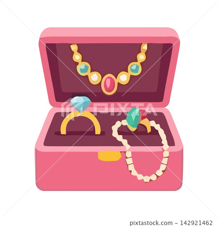 Whimsical illustration of an opened pink cosmetic case displaying a beautiful multi-stone jewelry set. Whimsical illustration of an opened pink cosmetic case displaying a beautiful multi-stone jewelry set. 142921462