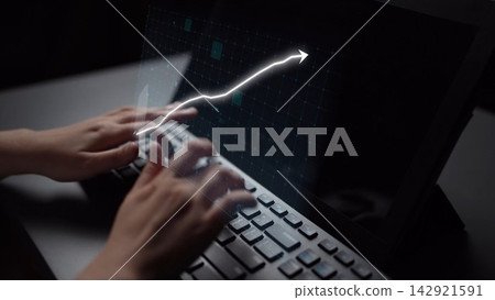Hands typing on a keyboard with digital graphs and upward trends for business growth and technology advancement concepts in a dark setting Copula Hands typing on a keyboard with digital graphs and upward trends for business growth and technology advancement concepts in a dark setting Copula 142921591