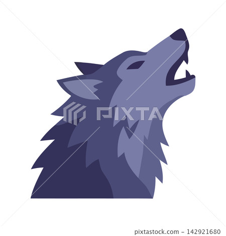 Minimalist vector graphic of a howling wolf head silhouette on solid background. 142921680