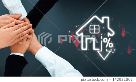 A visual representation of teamwork in the real estate sector, showcasing hands united over a house icon with downward arrows and percentage signs, symbolizing market challenges and trends. Sigmoid A visual representation of teamwork in the real estate sector, showcasing hands united over a house icon with downward arrows and percentage signs, symbolizing market challenges and trends. Sigmoid 142921802