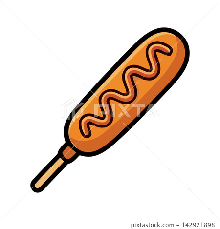 Sweet and savory stylized illustration of a corn dog on a stick, perfect for menu designs or culinary graphics. Sweet and savory stylized illustration of a corn dog on a stick, perfect for menu designs or culinary graphics. 142921898