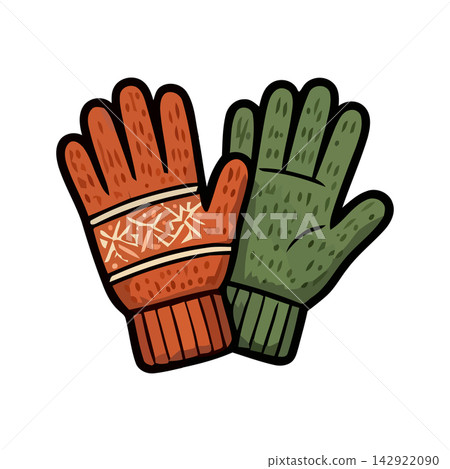 Cute hand drawn illustration of knitting gloves in orange and green, perfect for crafts or autumn themes. 142922090