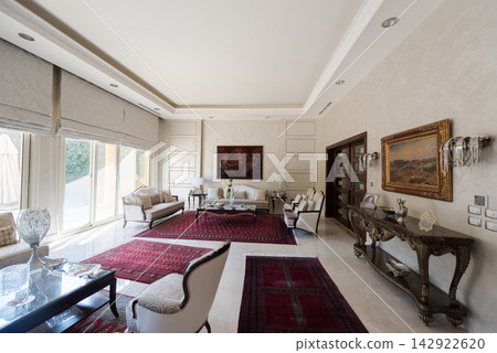 Modern Middle Eastern Arab family gathered in a luxurious bright living room with traditional rugs 142922620