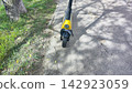Electric scooter with a yellow frame partially visible on an asphalt pathway, casting shadows from nearby trees.  142923059