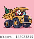 Cute flat vector illustration of Santa Claus driving a heavy yellow mining dump truck carrying a Christmas tree and gifts for industrial holiday delivery 142923215