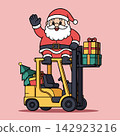 Playful vector illustration of Santa Claus sitting on a yellow warehouse forklift with Christmas gifts and tree for industrial logistics service 142923216