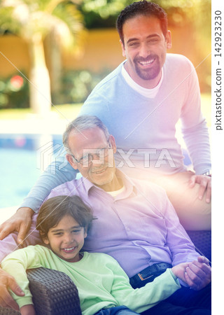 Middle Eastern Arab family portrait of grandfather, father and grandson enjoying outdoor poolside lifestyle together Middle Eastern Arab family portrait of grandfather, father and grandson enjoying outdoor poolside lifestyle together 142923230