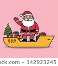 Flat vector design of a festive yellow cargo ship with Santa Claus waving next to Christmas trees and gifts for maritime commercial shipping 142923245