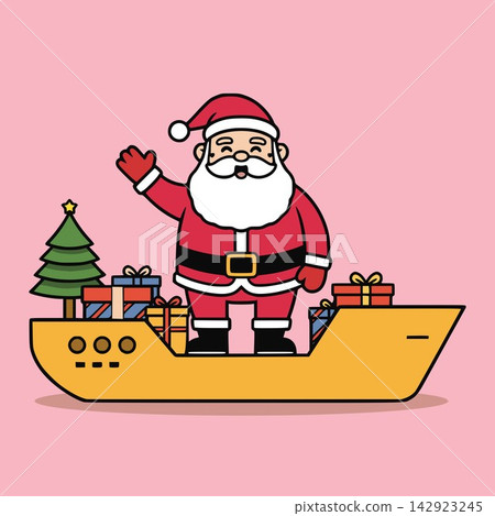 Flat vector design of a festive yellow cargo ship with Santa Claus waving next to Christmas trees and gifts for maritime commercial shipping Flat vector design of a festive yellow cargo ship with Santa Claus waving next to Christmas trees and gifts for maritime commercial shipping 142923245