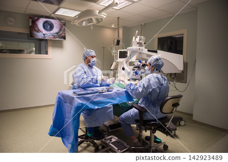 Eye surgery team performing ophthalmic operation in a modern Middle Eastern hospital clinic in Egypt Eye surgery team performing ophthalmic operation in a modern Middle Eastern hospital clinic in Egypt 142923489