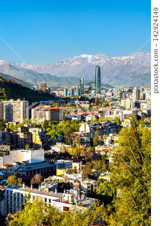 Panoramic view of the Santiago skyline featuring modern skyscrapers and the snow-capped Andes mountains in Chile, captured from Santa Lucia Hill. Panoramic view of the Santiago skyline featuring modern skyscrapers and the snow-capped Andes mountains in Chile, captured from Santa Lucia Hill. 142924149