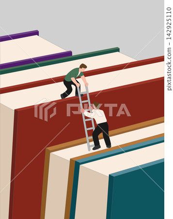 two people climb large books two people climb large books 142925110