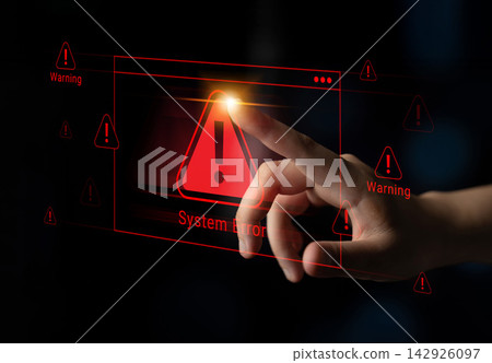 Hand Interacting with Digital Warning Alert in Dark Environment Depicting System Error and Notification Concept Cyphers. 142926097