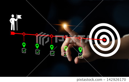 Visual Representation of Goal Achievement with Hand Pointing at Target and Check Marks over a Progression Path Cyphers. Visual Representation of Goal Achievement with Hand Pointing at Target and Check Marks over a Progression Path Cyphers. 142926170