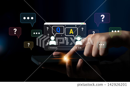 Virtual Communication with Question and Answer Interface on Smartphone Displaying Chats and Speech Bubbles Representing Dialogue and Interaction. Glyphic Virtual Communication with Question and Answer Interface on Smartphone Displaying Chats and Speech Bubbles Representing Dialogue and Interaction. Glyphic 142926201