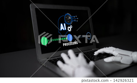Futuristic AI Concept with Robotic Hand Interacting with Laptop Screen Showing Processing Status and Visual Graphics Representing Artificial Intelligence Technology. Sentient 142926321