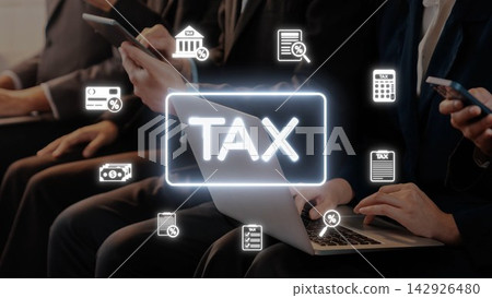 Modern Business Meeting on Tax Management with Diverse People Using Digital Devices, Laptop, and Icons Representing Finance and Taxation Services. Raster 142926480