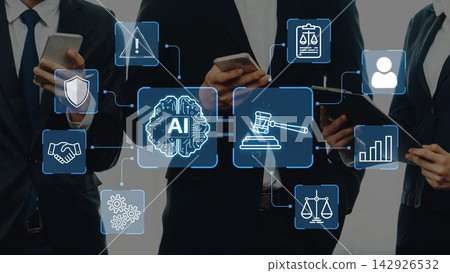 Professionals in Suits Using Mobile Devices with AI Technology Graphics and Legal Symbolism in a Modern Office Environment. Entropy Professionals in Suits Using Mobile Devices with AI Technology Graphics and Legal Symbolism in a Modern Office Environment. Entropy 142926532