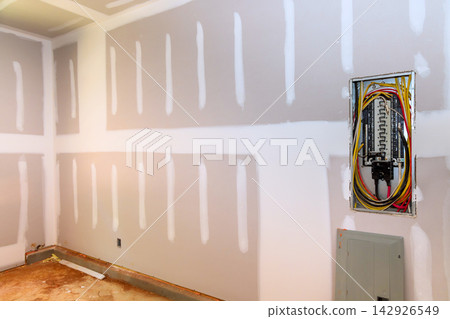 Work area with drywalls, electrical panel before final finishes 142926549