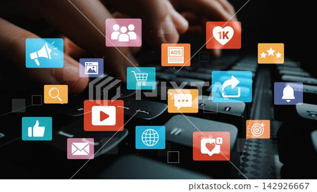 Vibrant Digital Interaction with Social Media Icons Overlaid on a Keyboard Creating a Dynamic Online Networking Experience. Entropy Vibrant Digital Interaction with Social Media Icons Overlaid on a Keyboard Creating a Dynamic Online Networking Experience. Entropy 142926667