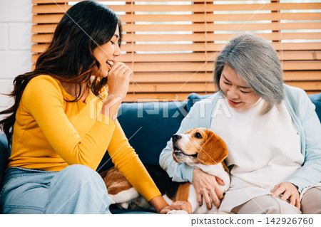 In a heartwarming family portrait at home, an Asian woman, her mother, and their Beagle dog share togetherness and joy on the sofa. The bond they share radiates happiness. Pet love. In a heartwarming family portrait at home, an Asian woman, her mother, and their Beagle dog share togetherness and joy on the sofa. The bond they share radiates happiness. Pet love. 142926760