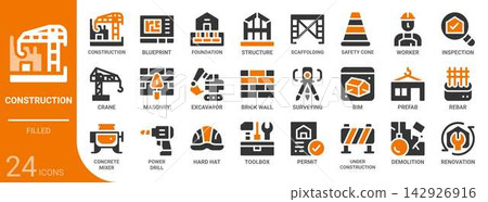 construction filled glyph icon set,24 vector icons 142926916