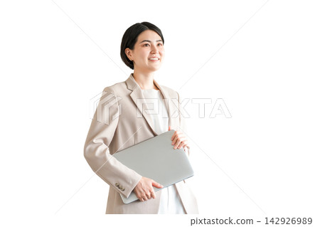 Stylish woman with laptop, office casual, designer, businesswoman Stylish woman with laptop, office casual, designer, businesswoman 142926989