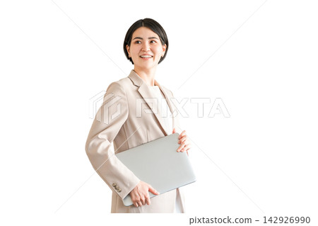Stylish woman with laptop, office casual, designer, businesswoman Stylish woman with laptop, office casual, designer, businesswoman 142926990