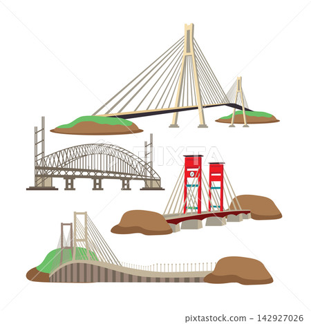 Suspension bridge set. Cartoon illustration of suspension bridge vector for web design Suspension bridge set. Cartoon illustration of suspension bridge vector for web design 142927026