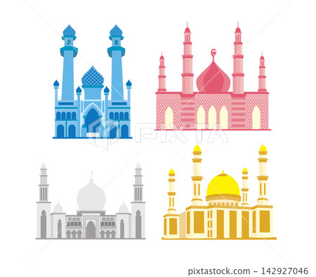 Religion buildings vector illustrations. Islamic mosque architectural objects Religion buildings vector illustrations. Islamic mosque architectural objects 142927046