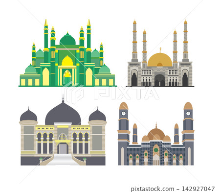 Religion buildings vector illustrations. Islamic mosque architectural objects Religion buildings vector illustrations. Islamic mosque architectural objects 142927047
