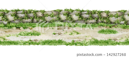 Country path bordered by grass and an overgrown stone wall seamless border. Watercolor hand painted landscape element scene for maps, game assets, countryside illustrations and nature inspired design Country path bordered by grass and an overgrown stone wall seamless border. Watercolor hand painted landscape element scene for maps, game assets, countryside illustrations and nature inspired design 142927268