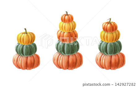 Stacked autumn pumpkins set isolated on background. Hand painted pumpkin decor watercolor illustration for Thanksgiving, fall crafts, greeting cards, stationery, seasonal design Stacked autumn pumpkins set isolated on background. Hand painted pumpkin decor watercolor illustration for Thanksgiving, fall crafts, greeting cards, stationery, seasonal design 142927282