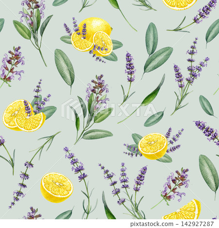 Lemon, sage leaves and lavender flowers seamless pattern watercolor illustration. Hand painted botanical pattern for fabric, wallpaper, packaging, stationery, kitchen decor and branding. Lemon, sage leaves and lavender flowers seamless pattern watercolor illustration. Hand painted botanical pattern for fabric, wallpaper, packaging, stationery, kitchen decor and branding. 142927287