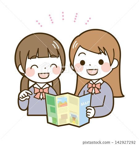 兩名高中生正在查看宣傳冊和地圖。 兩名高中生正在查看宣傳冊和地圖。 142927292