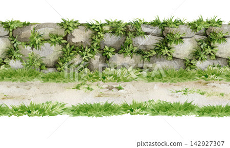 Seamless watercolor landscape border with country path, wild grass and an overgrown stone wall isolated. Hand painted asset for maps, game environments, scene building and nature themed projects Seamless watercolor landscape border with country path, wild grass and an overgrown stone wall isolated. Hand painted asset for maps, game environments, scene building and nature themed projects 142927307