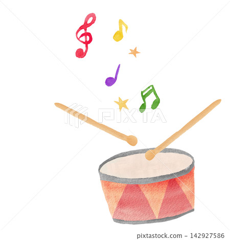 A gentle watercolor illustration of a drum, treble clef, and musical notes. A gentle watercolor illustration of a drum, treble clef, and musical notes. 142927586