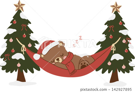 Christmas cartoon bear sleeping in hammock between decorated trees, wearing Santa hat and scarf with snow, ornaments, stars, and bows in a cozy winter holiday scene Christmas cartoon bear sleeping in hammock between decorated trees, wearing Santa hat and scarf with snow, ornaments, stars, and bows in a cozy winter holiday scene 142927895