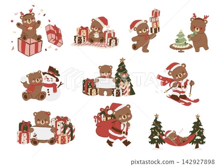 Christmas cartoon bear collection with gifts, Santa costume, skiing, snowman, decorated trees, cake, hammock, festive activities, and cute teddy characters in cheerful holiday vector illustrations 142927898