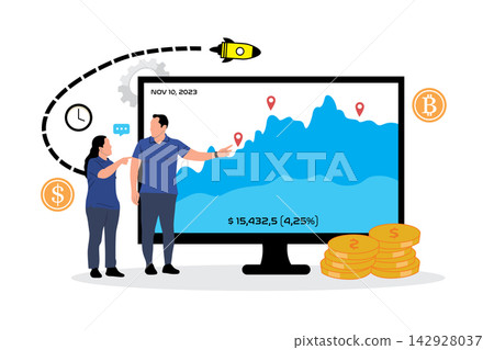 Businessman and businesswoman discuss stock market investment. Vector illustration in flat style Businessman and businesswoman discuss stock market investment. Vector illustration in flat style 142928037
