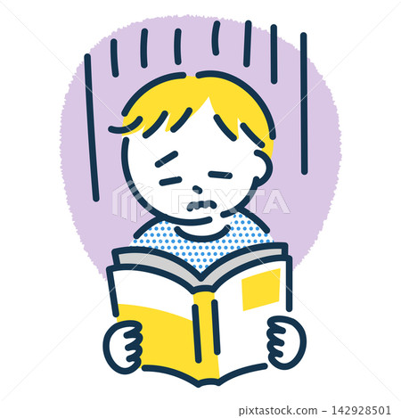 Illustration of a boy reluctantly reading a book. Illustration of a boy reluctantly reading a book. 142928501