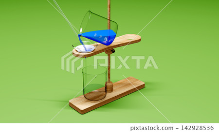 解釋過濾方法的場景:3D 插圖展示了將藍色液體沿著玻璃管倒入漏斗的過程。 解釋過濾方法的場景:3D 插圖展示了將藍色液體沿著玻璃管倒入漏斗的過程。 142928536