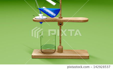 [3D illustration for educational purposes] Scene explaining the filtration method: Blue liquid is poured into a funnel along a glass tube. 142928537