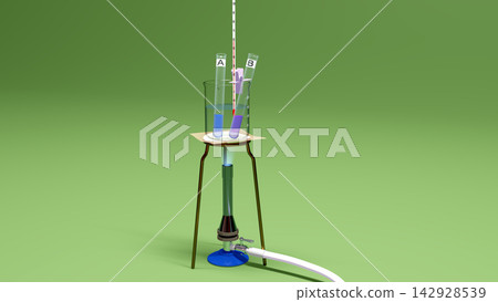 描繪了兩個試管中的化學物質被加熱的實驗場景（各種設備的 3D 插圖，如試管和燃氣噴燈）。 142928539
