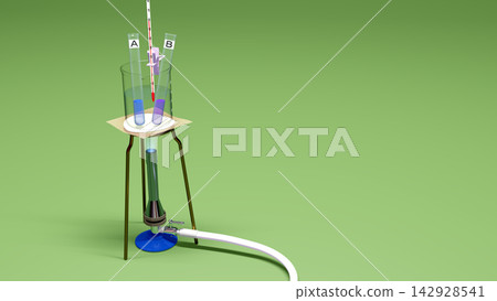 描繪了兩個試管中的化學物質被加熱的實驗場景(各種設備的 3D 插圖,如試管和燃氣噴燈)。 描繪了兩個試管中的化學物質被加熱的實驗場景(各種設備的 3D 插圖,如試管和燃氣噴燈)。 142928541