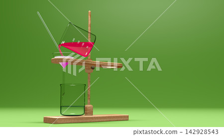 A scene explaining the filtration method: A 3D illustration shows the process of pouring red liquid into a funnel along a glass tube. A scene explaining the filtration method: A 3D illustration shows the process of pouring red liquid into a funnel along a glass tube. 142928543