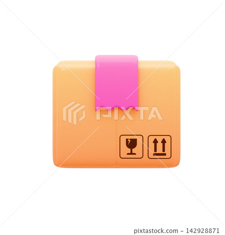 Cute online shopping/e-commerce icon, 3D illustration, shipping cardboard box. 142928871