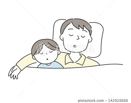一對父子睡在榻榻米上。 一對父子睡在榻榻米上。 142928888